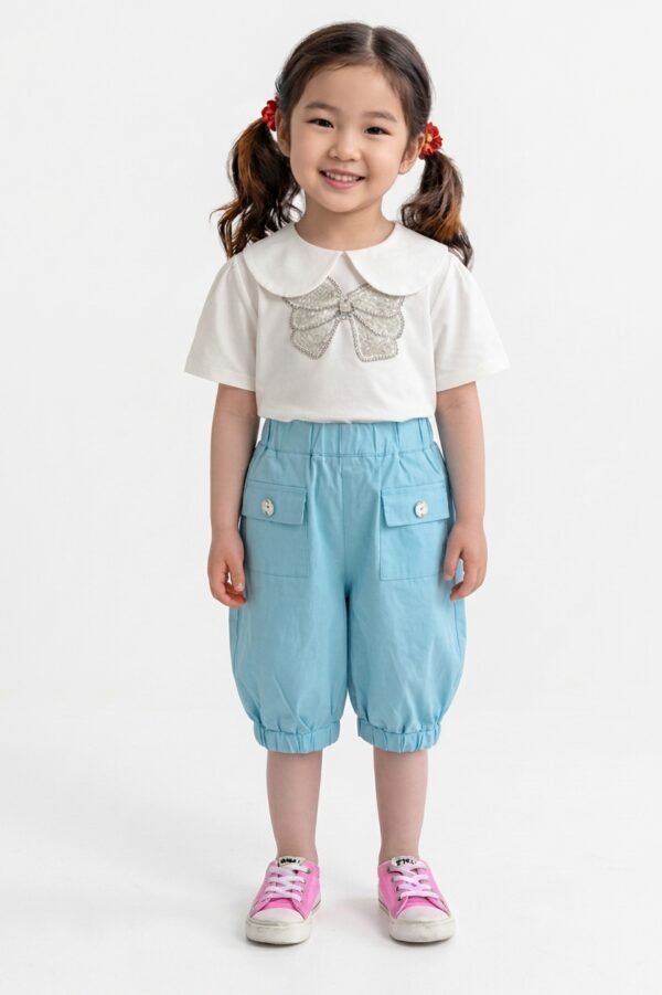 Girls Peter Pan Collar Top & Light Blue Shorts Set